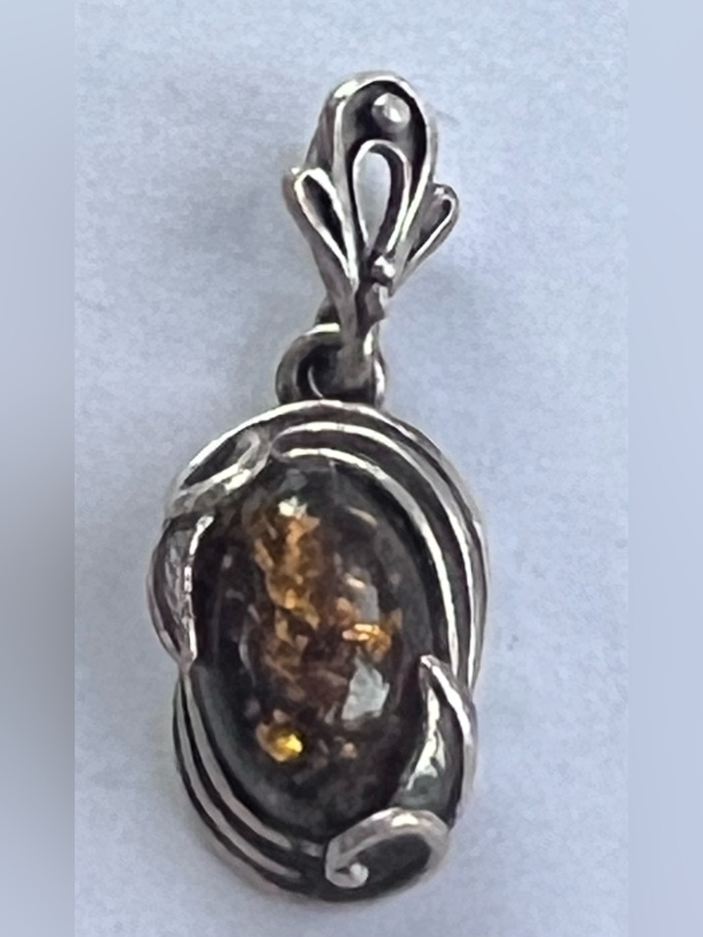 Vintage Pendant charm oxidized silver & amber oval stone dainty ornate setting